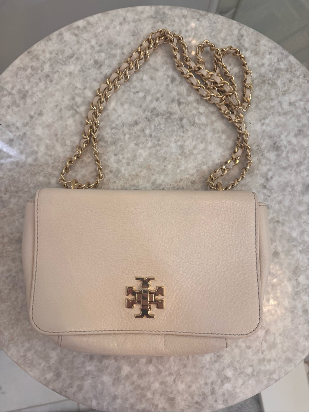 Tory Burch Light Cream Pebbled Leather Crossbody with Gold Logo Chain